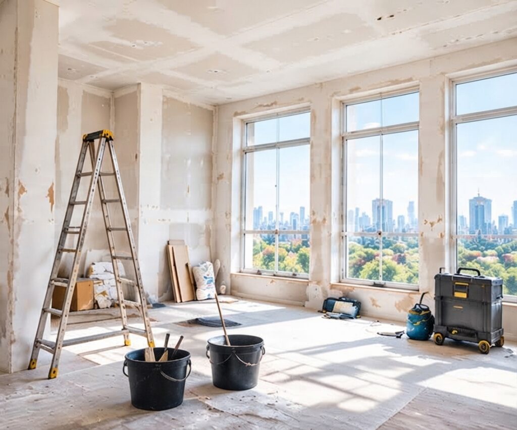 Chantier après travaux avec pots de peinture et matériel