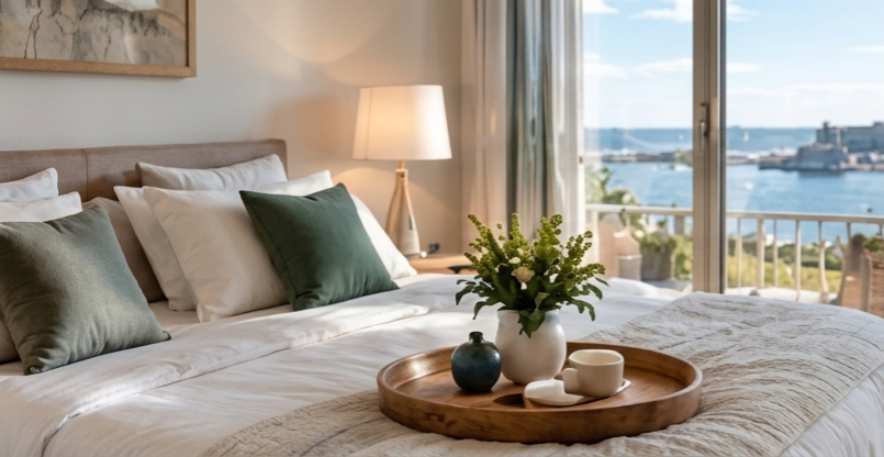 Image appartement vue de lit et de la mer